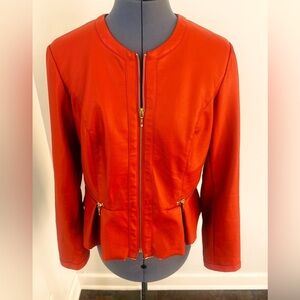 INC International Concepts Orange Faux Leather Jacket Medium Zip Peplum Raw Hem